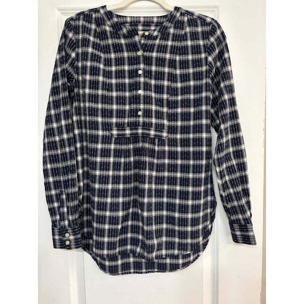 LOFT Navy Blue White Plaid Dobby Stripe Split Neck Button Blouse Top XS